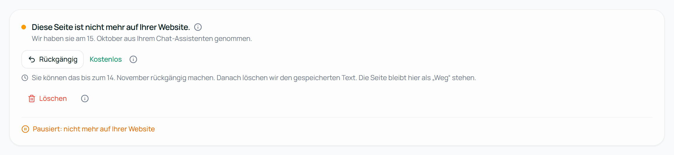 Die Karte einer Seite, die nicht mehr auf der Website ist, mit Rückgängig und Löschen