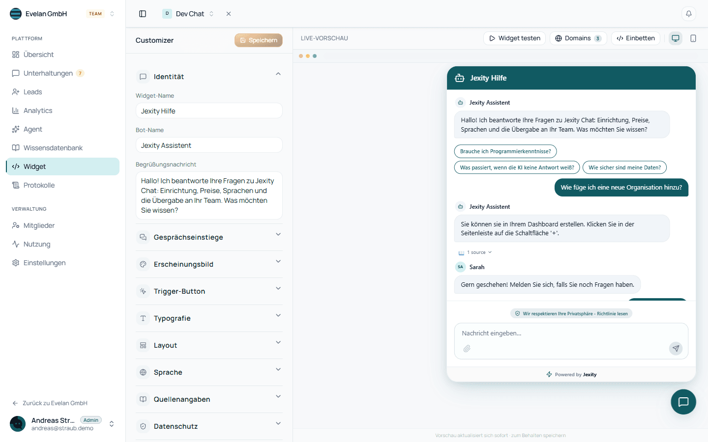Das Widget Studio mit Einstellungen links und Live-Vorschau rechts