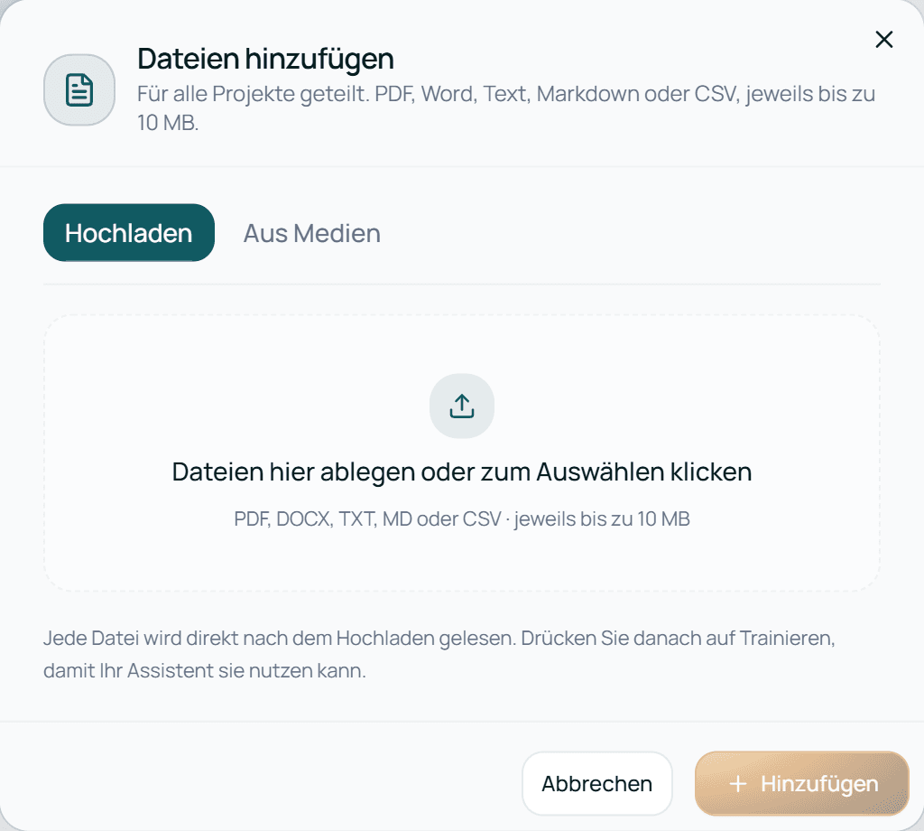 Dateien hinzufügen mit dem Reiter Hochladen