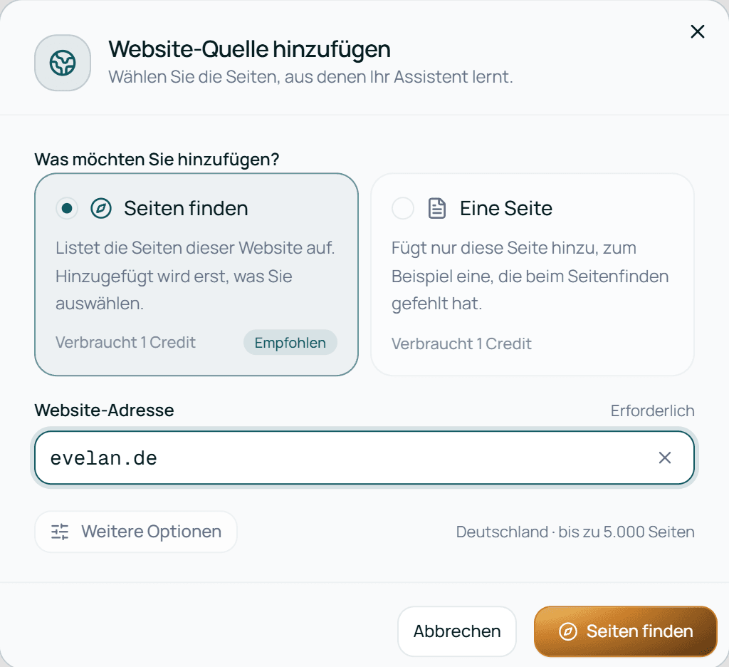 Website hinzufügen mit Seiten finden