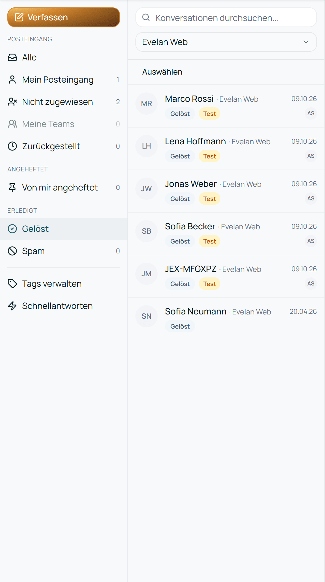 Der Posteingang mit Ansichten, Filtern und der Liste der Unterhaltungen