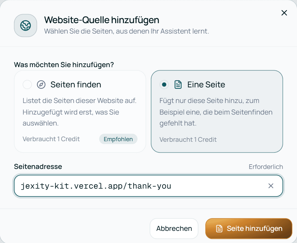 Website hinzufügen mit Eine Seite und einer Seitenadresse