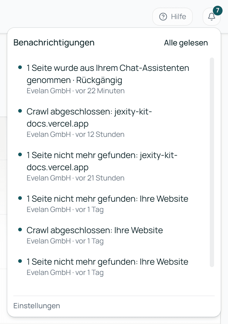Die Glocke mit der Meldung, dass eine Seite aus Ihrem Chat-Assistenten genommen wurde