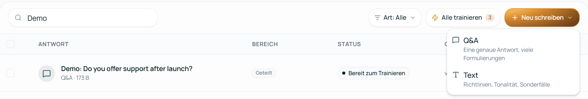 Neu schreiben mit der Wahl zwischen Q&A und Text