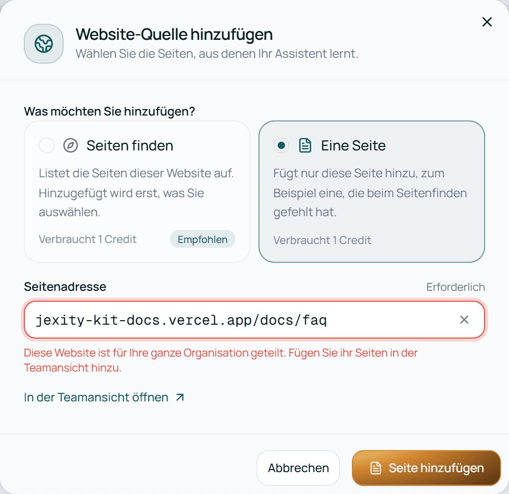 Eine geteilte Website lässt sich im Projekt nicht hinzufügen