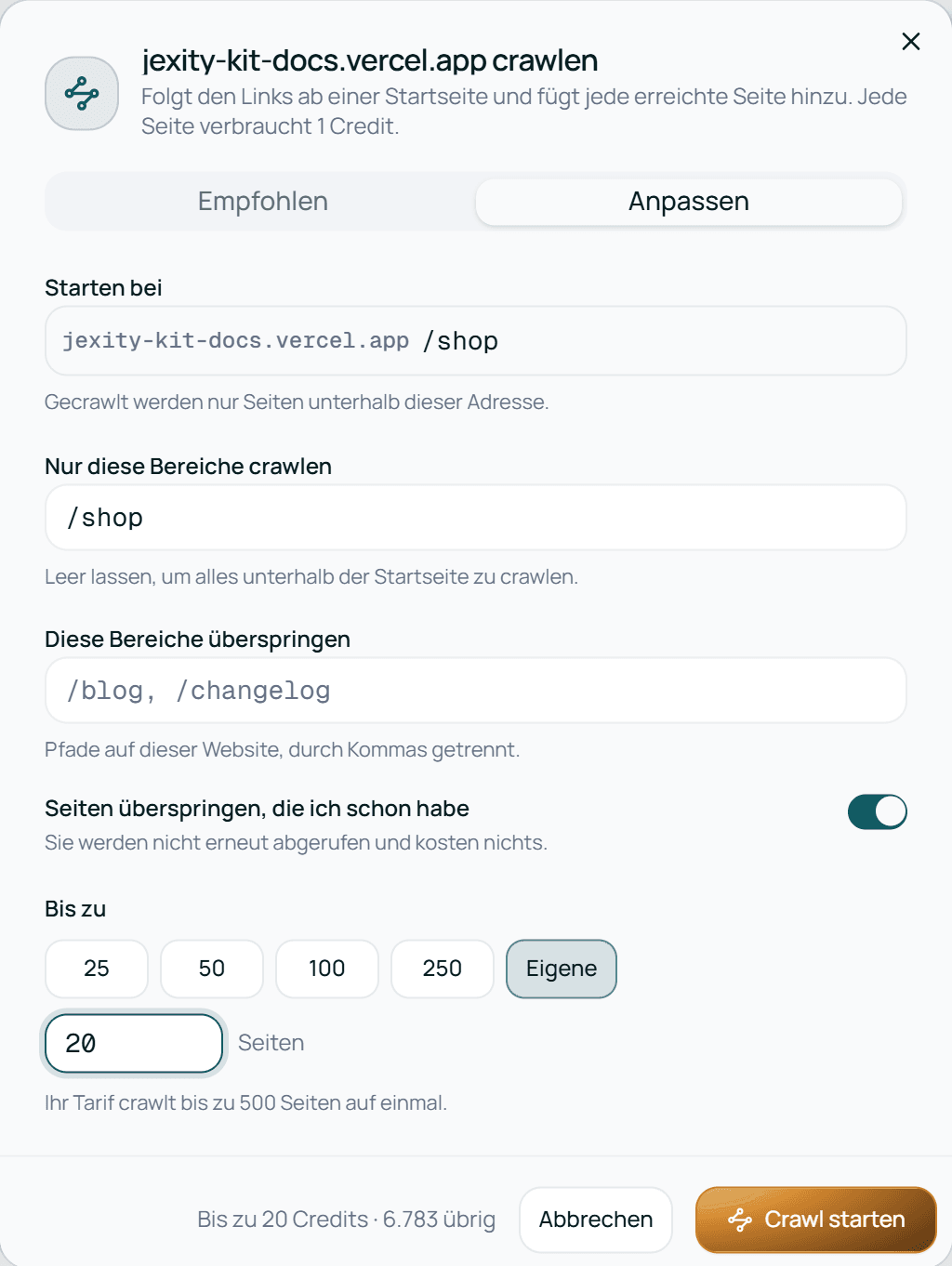 Crawlen mit Anpassen: Starten bei /shop, nur /shop, höchstens 20 Seiten