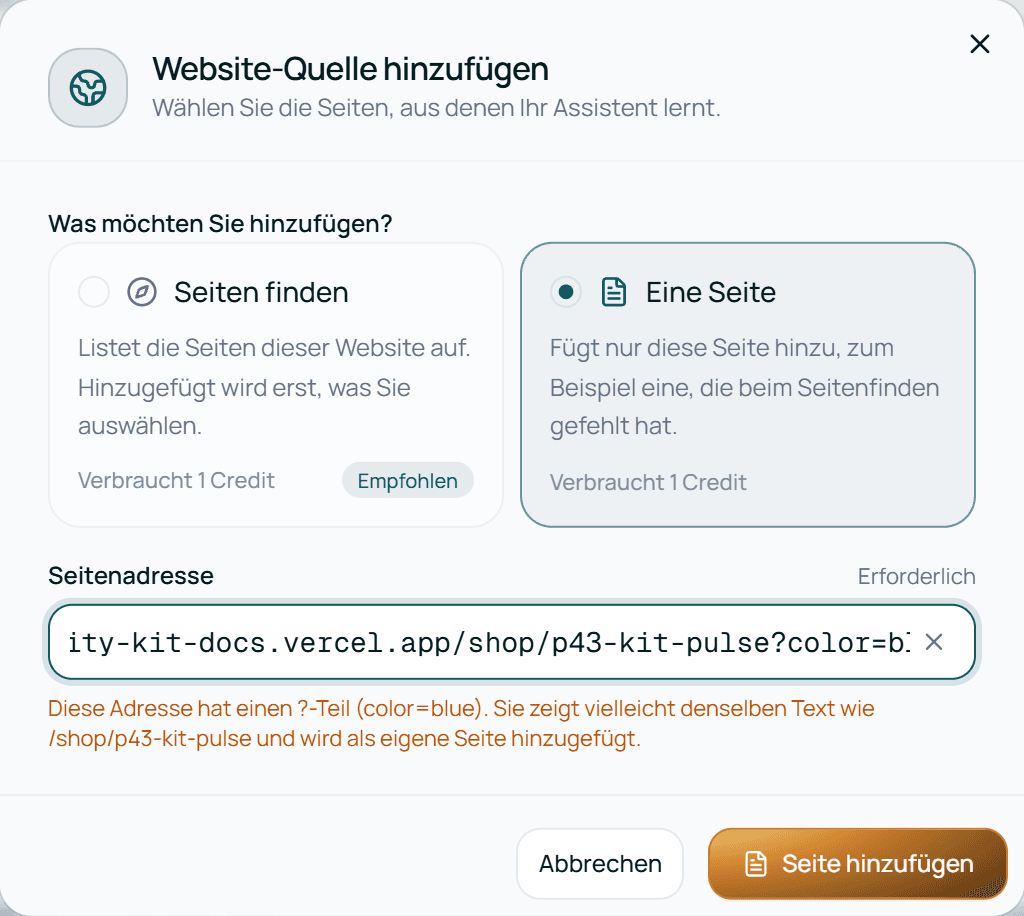 Das Fenster Eine Seite warnt vor einem ?-Teil, bevor Sie auf Seite hinzufügen klicken
