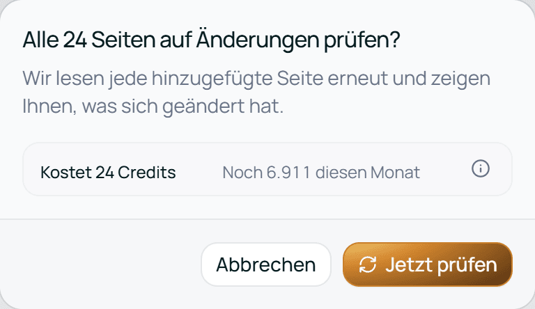 Die Rückfrage vor Auf Änderungen prüfen, mit dem Preis und den Credits, die diesen Monat noch übrig sind