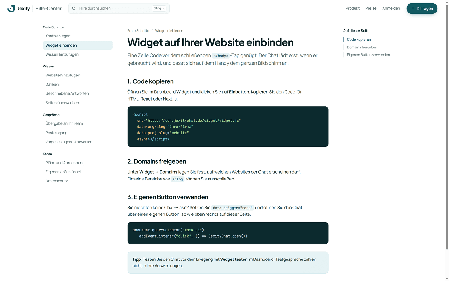 Ein eigener Button „KI fragen“ oben in einem Hilfe-Center