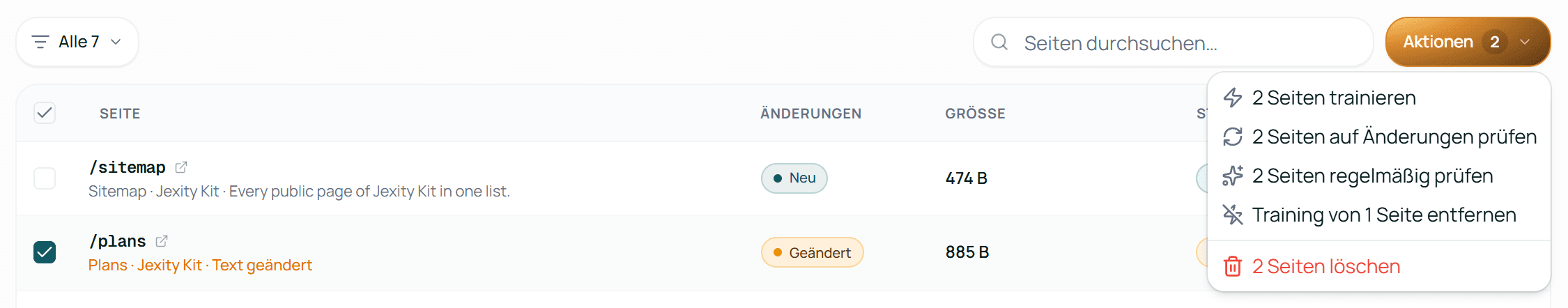 Zwei angehakte Seiten und das Menü Aktionen