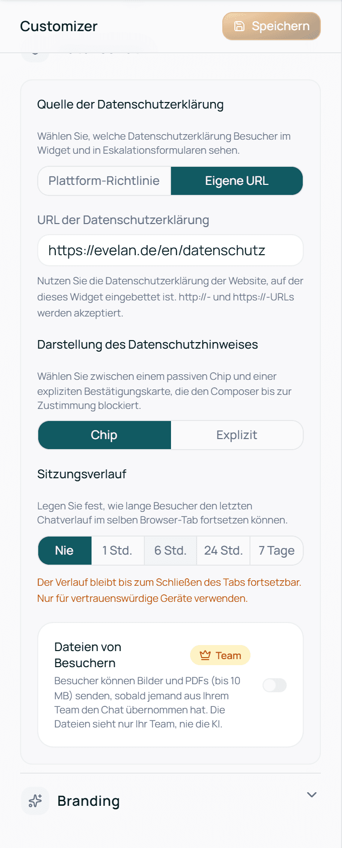 Der Schalter Dateien von Besuchern im Bereich Datenschutz