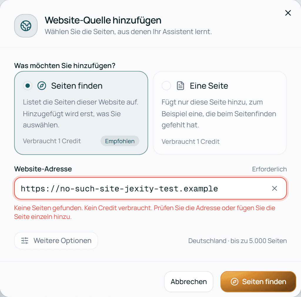 Website-Quelle hinzufügen, nachdem Seiten finden unter einer Adresse keine Seiten gefunden hat