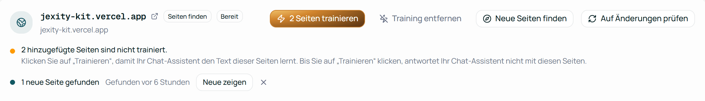 Oben auf der Seite einer Website: „1 neue Seite gefunden“, Neue zeigen und das ✕