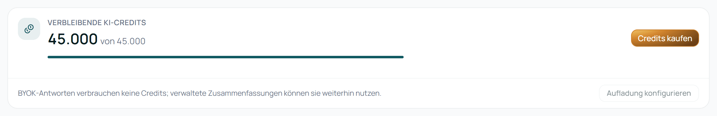 Die Karte Verbleibende KI-Credits auf der Seite Abrechnung