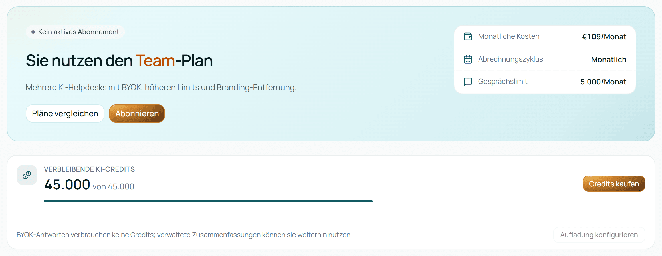 Die Seite Abrechnung mit Status, Tarif, Plätzen und KI-Credits