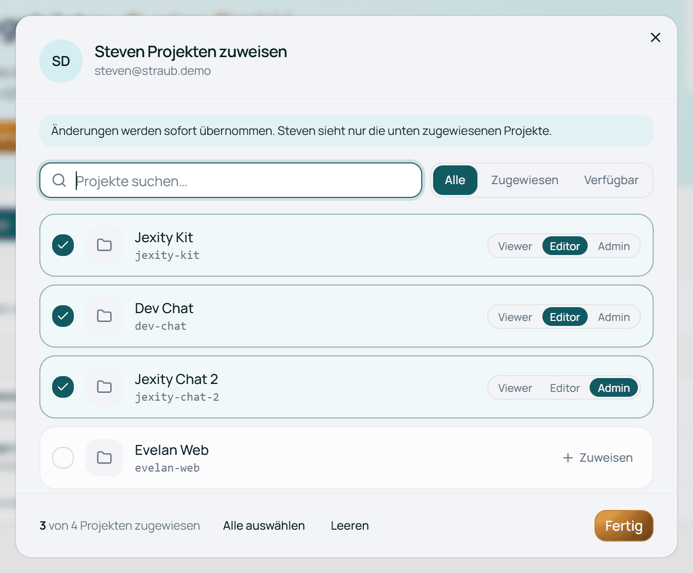 Das Fenster, in dem Sie eine Person Projekten zuweisen