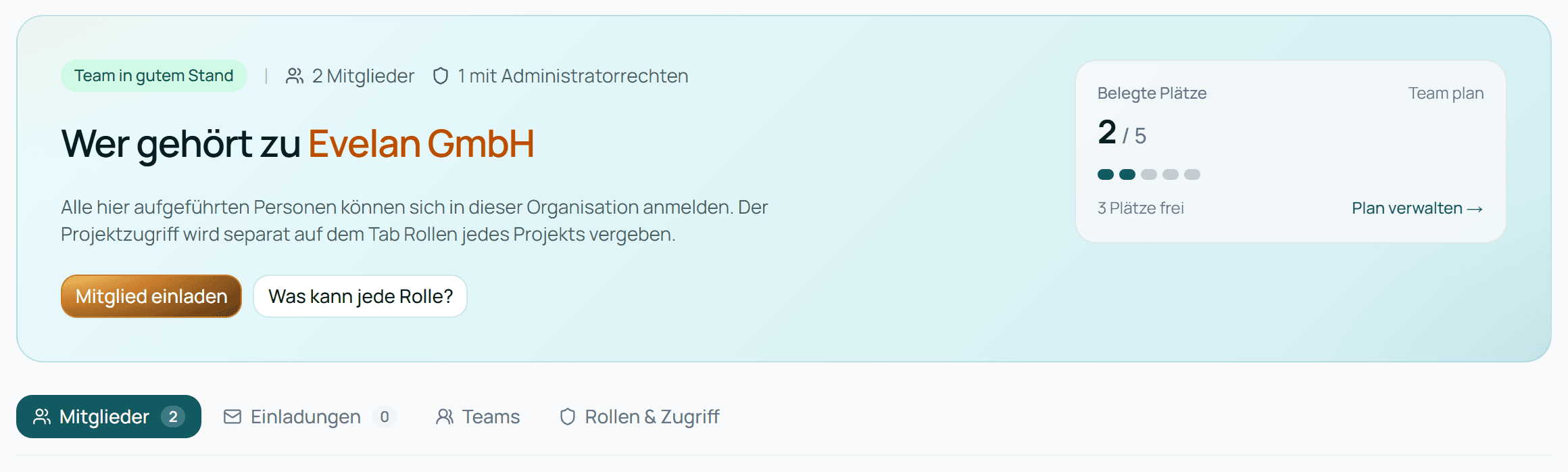 Die Seite Mitglieder mit Status, Knöpfen und belegten Plätzen