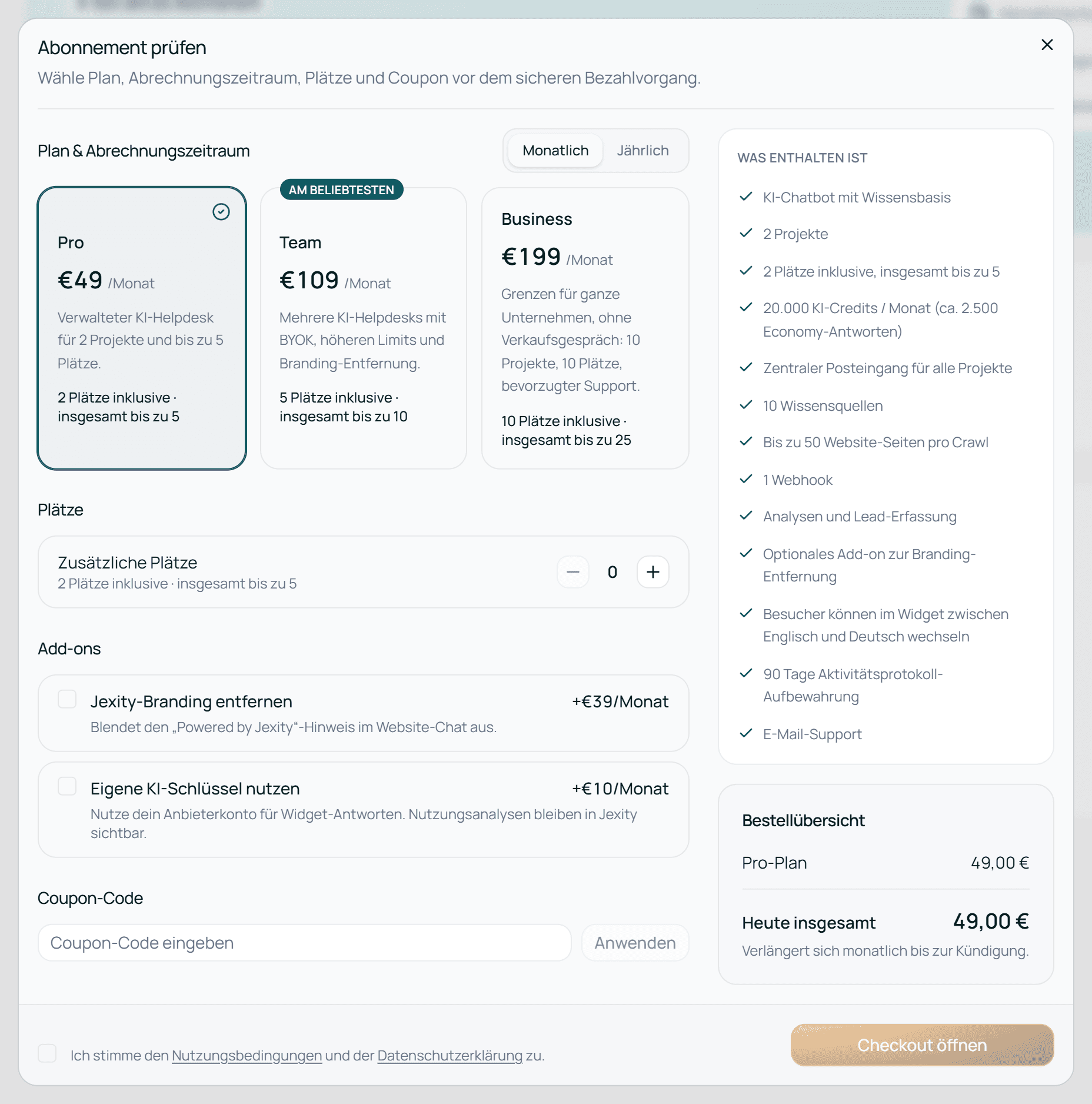 Das Fenster Abonnement prüfen mit Plan, Plätzen, Add-ons und Bestellübersicht