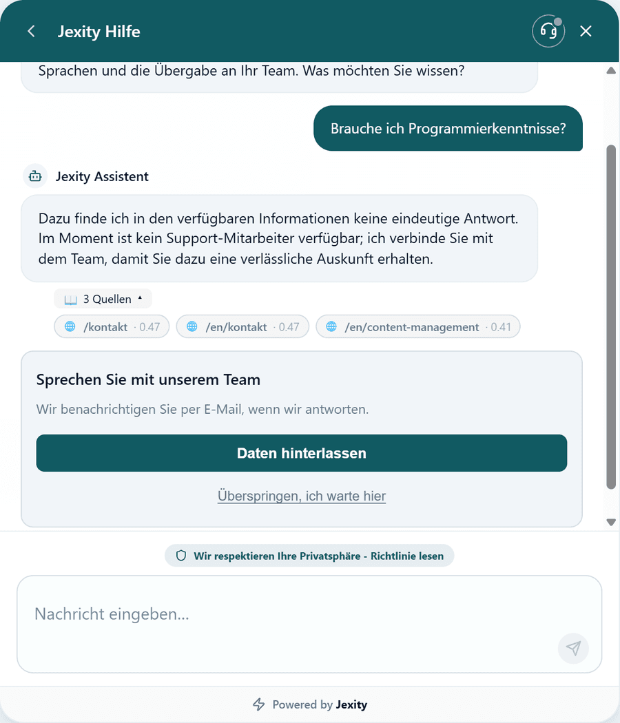 Der Assistent findet keine verlässliche Antwort und bietet das Team an