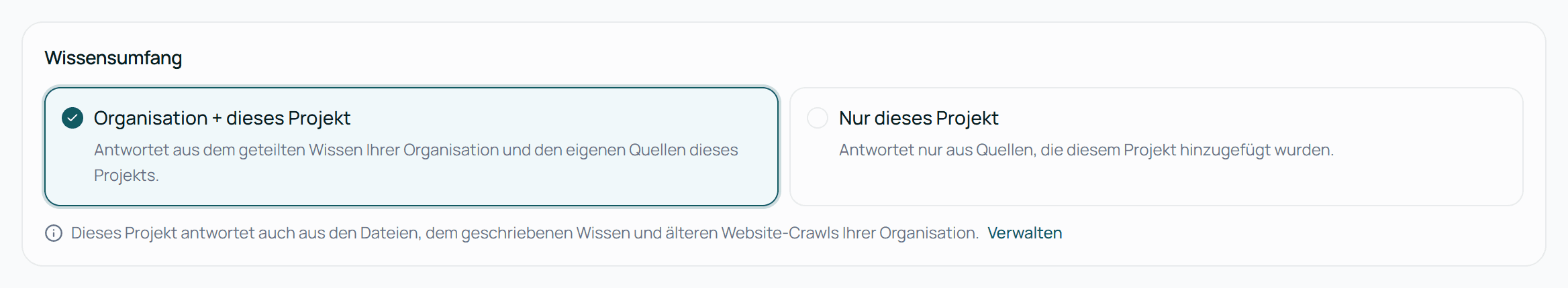 Wissensumfang auf der Wissensseite eines Projekts