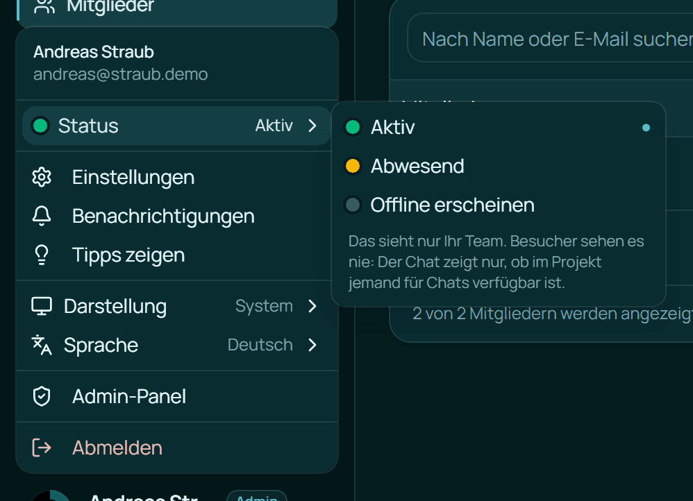 Das Status-Menü mit Aktiv, Abwesend und Offline erscheinen