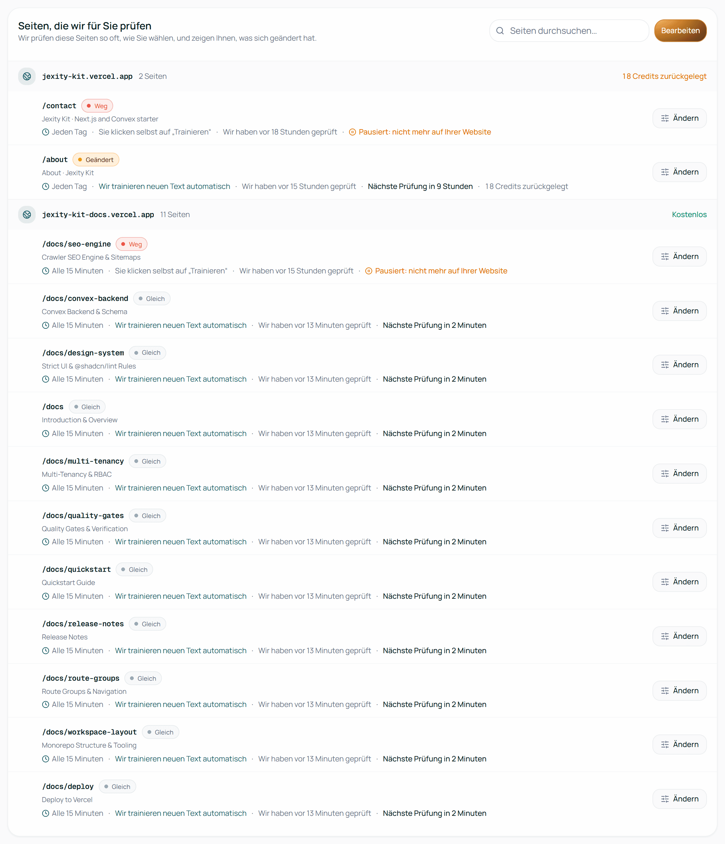 Seiten, die wir für Sie prüfen, nach Website gruppiert, mit dem letzten Ergebnis jeder Seite