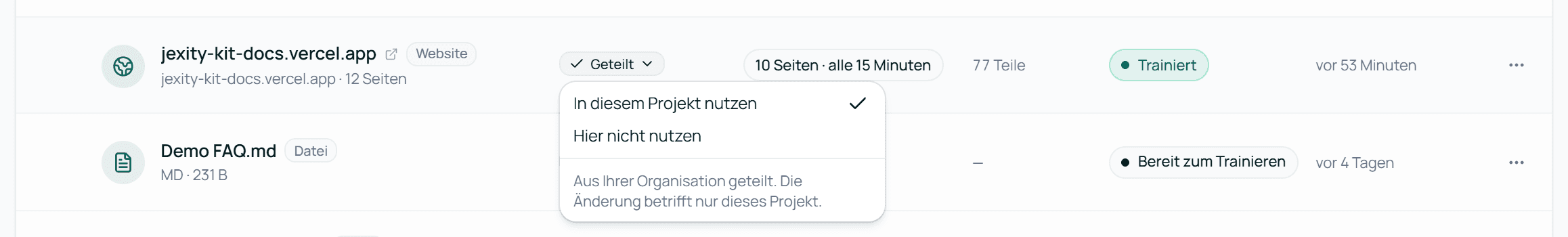 Das Menü Geteilt einer geteilten Website in einem Projekt