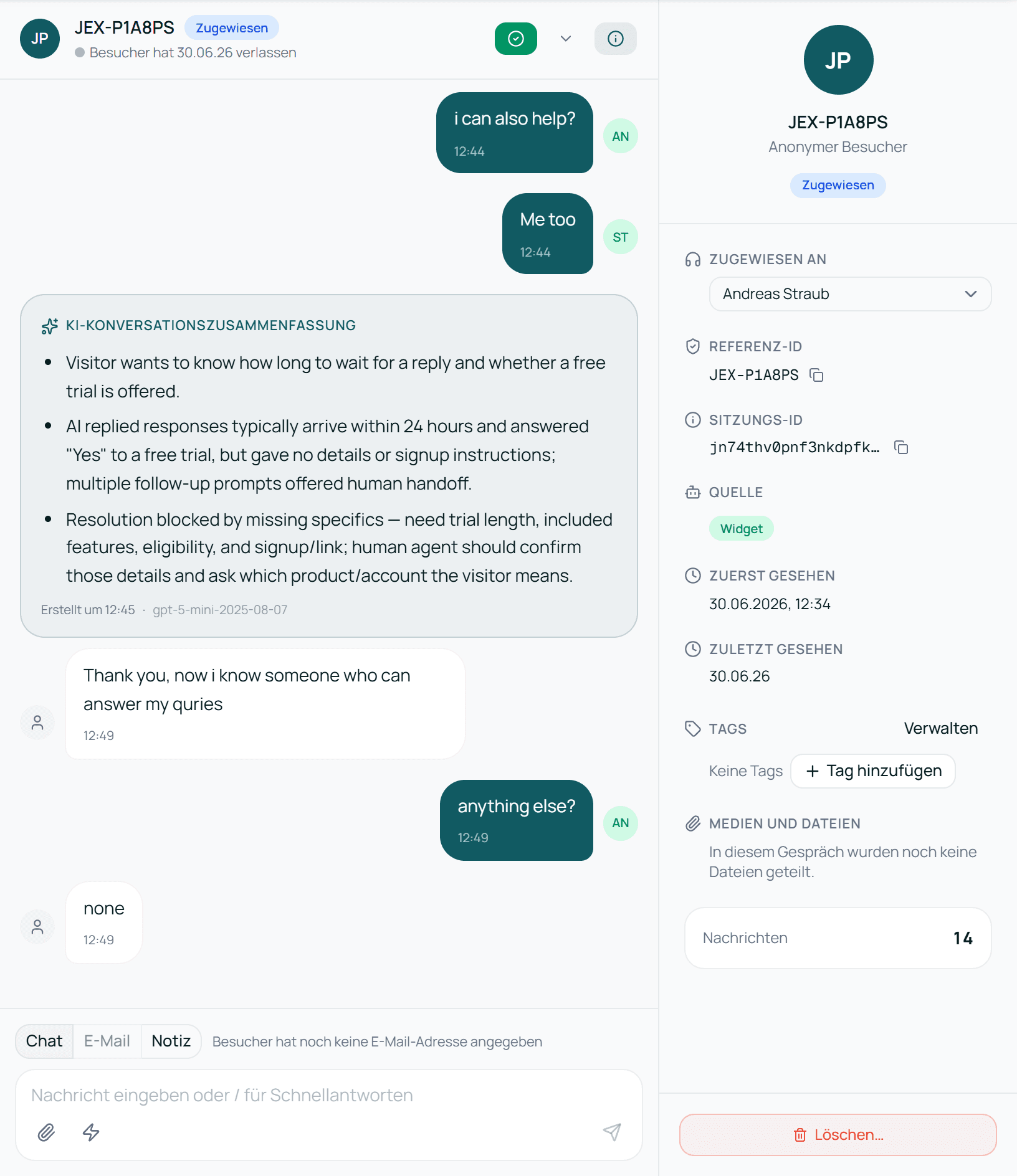 Eine übergebene Unterhaltung mit Zusammenfassung, Bestätigungs-E-Mail und Antwort aus dem Team