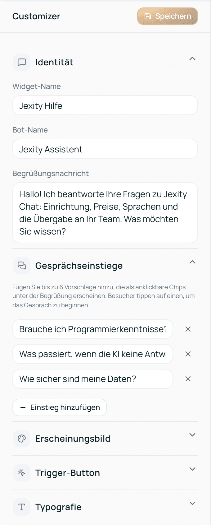 Identität und Gesprächseinstiege im Customizer