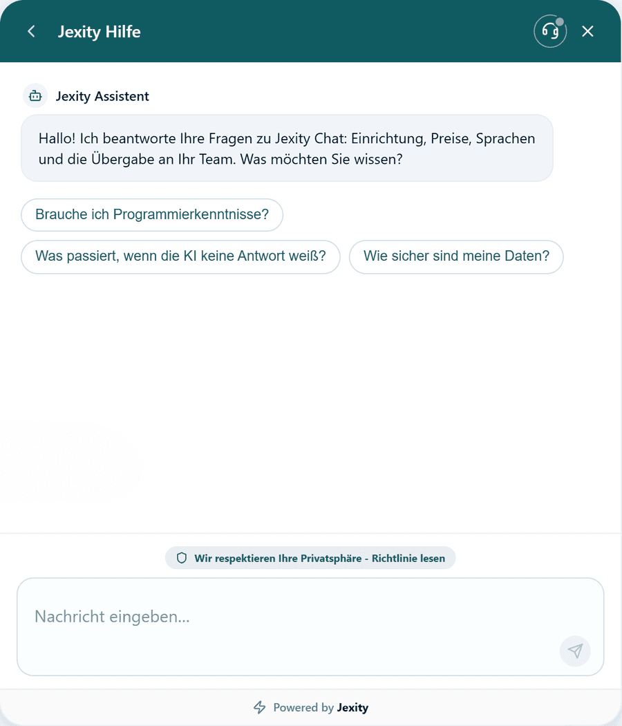Das geöffnete Chatfenster mit Begrüßung und Gesprächseinstiegen