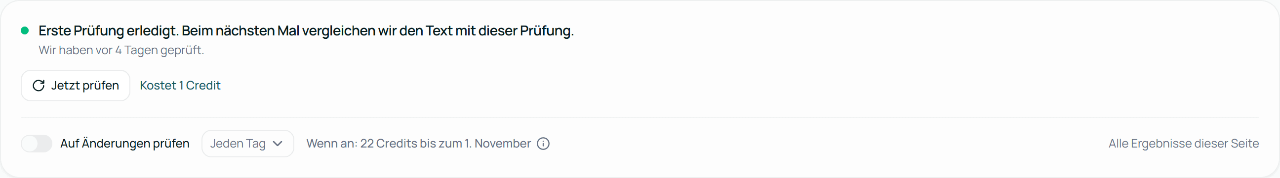 Die Karte einer Seite nach ihrer ersten Prüfung, mit Jetzt prüfen und Auf Änderungen prüfen