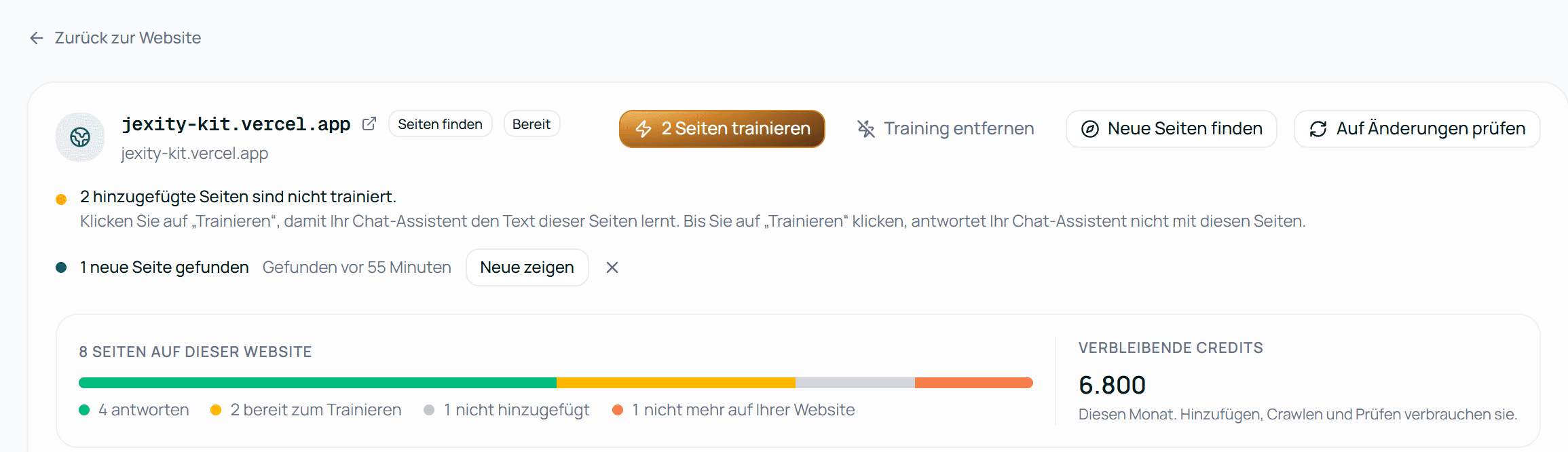 Oben auf der Seite einer Website: die Zeile, die sagt, was zu tun ist, die Knöpfe und Verbleibende Credits