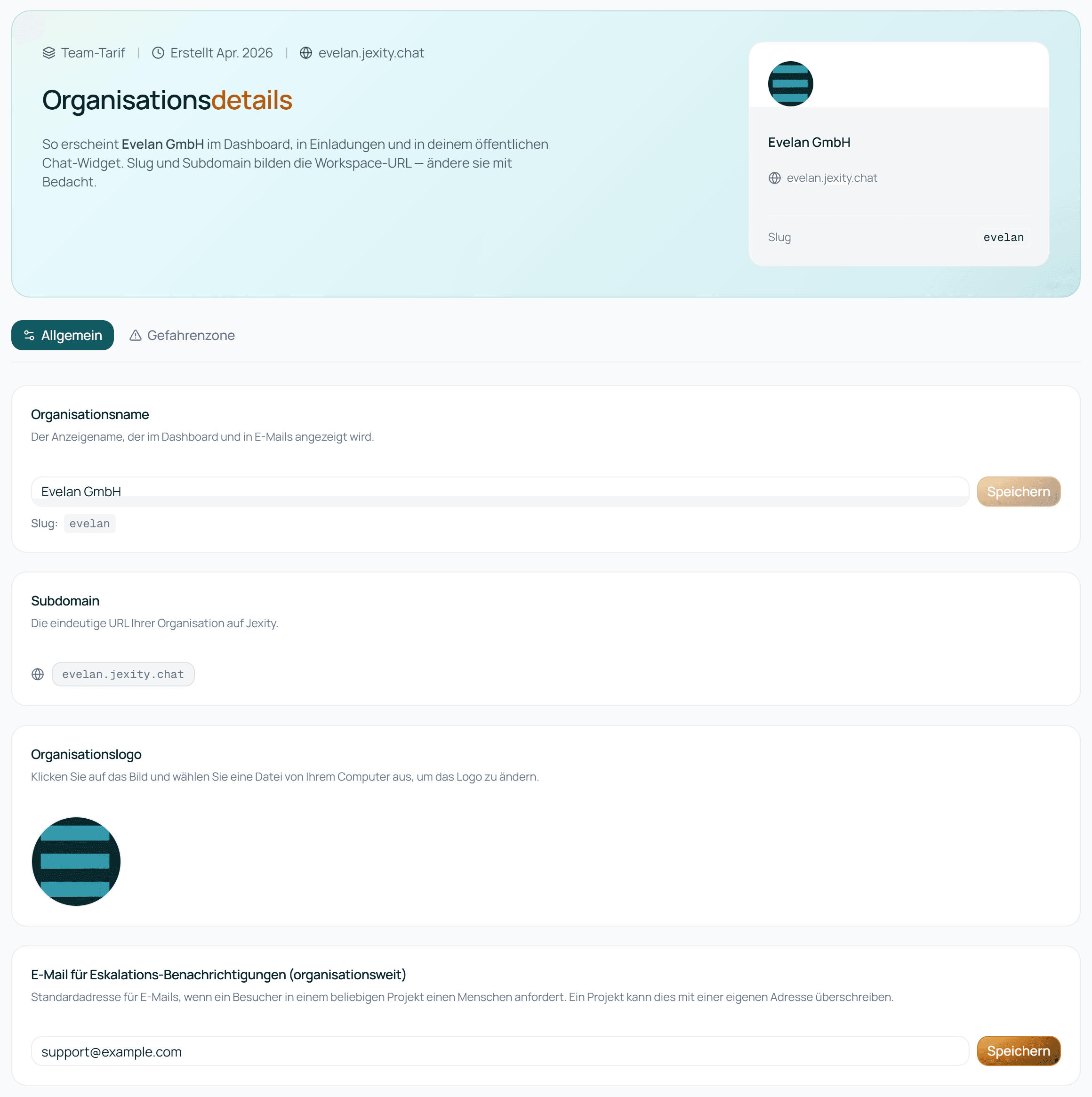 Die Seite Einstellungen mit Organisationsdetails und dem Tab Allgemein